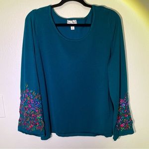 LOUIS DEL OLIO WHISPER KNIT XL PULLOVER JEWEL TONE FLORAL EMBROIDERY DRK GREEN